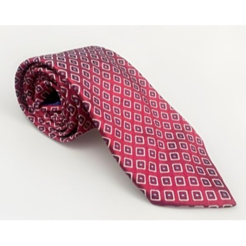 Harry Rosen Men Tie 100% Silk Red Blue Geometric Italian Professional Formal 60”